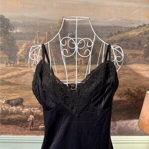Vintage Stone Black Full Slip Lace Trim Nylon Lingerie Slip Dress Size 36
